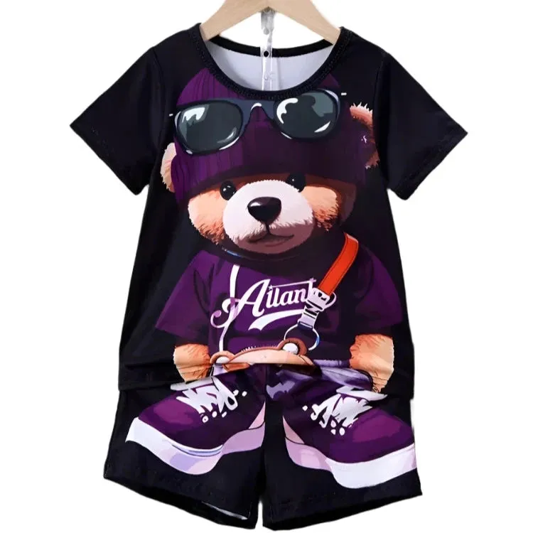 Men's 2-Piece Cartoon Bear Print Short Sleeve T-Shirt & Drawstring Shorts Set - Casual Summer Beachwear